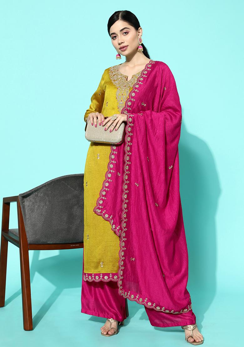 Yellow Sequin Embroidered Chinon Silk Kurta Set
