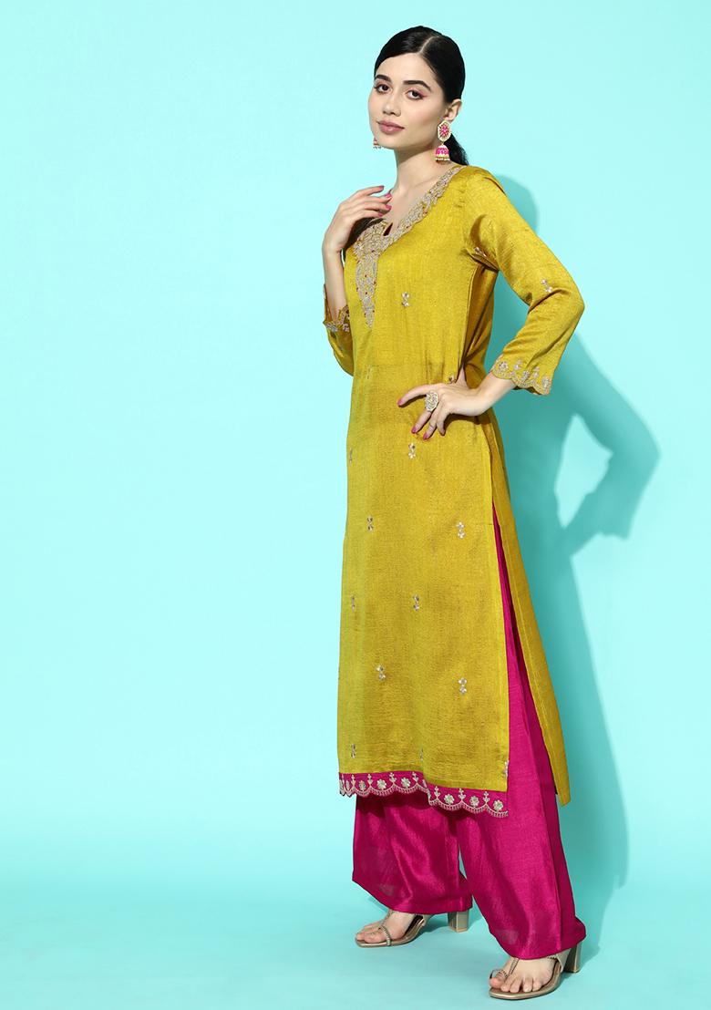Yellow Sequin Embroidered Chinon Silk Kurta Set