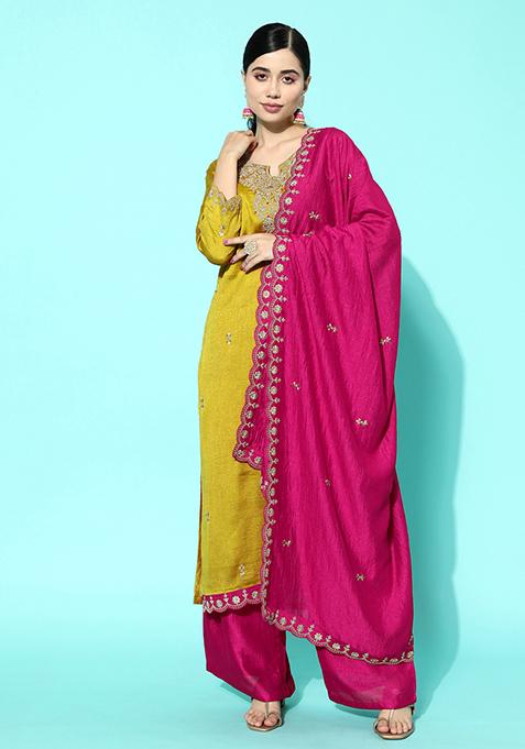 Yellow Sequin Embroidered Chinon Silk Kurta Set