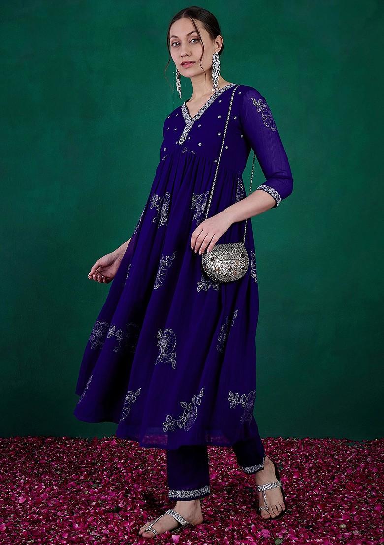 Royal Blue Zari Sequin Embroidered Georgette Kurta Set
