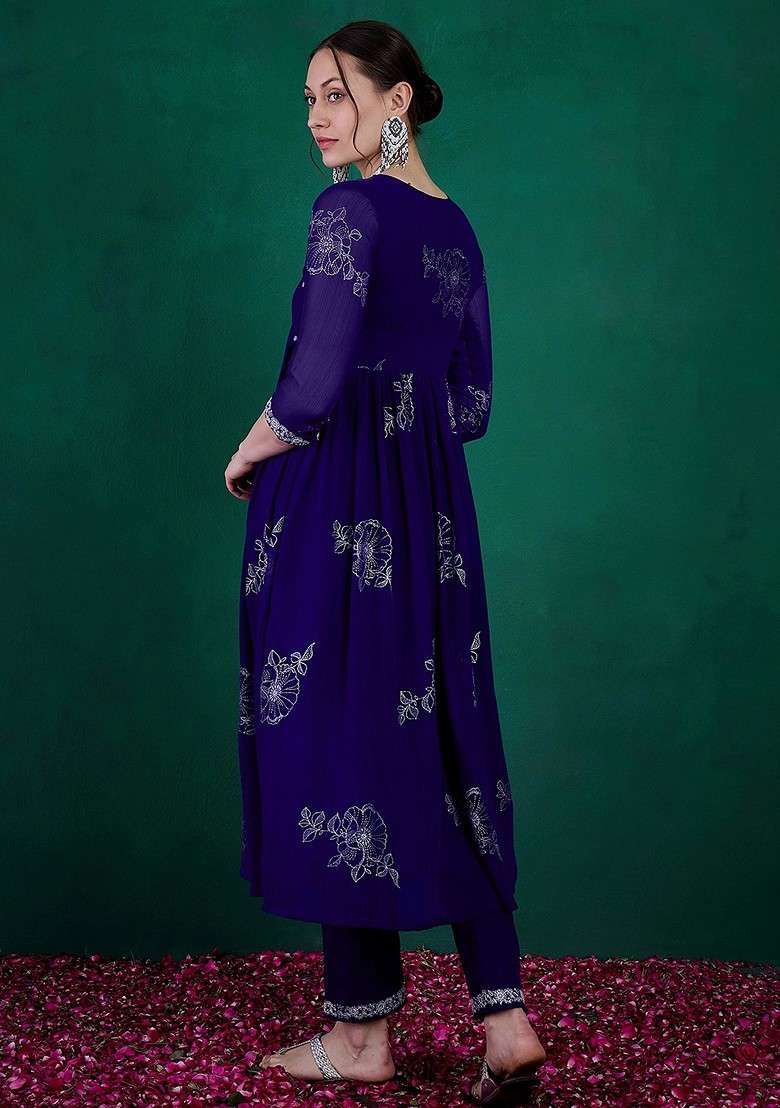 Royal Blue Embroidered Georgette Anarkali Set - Indya