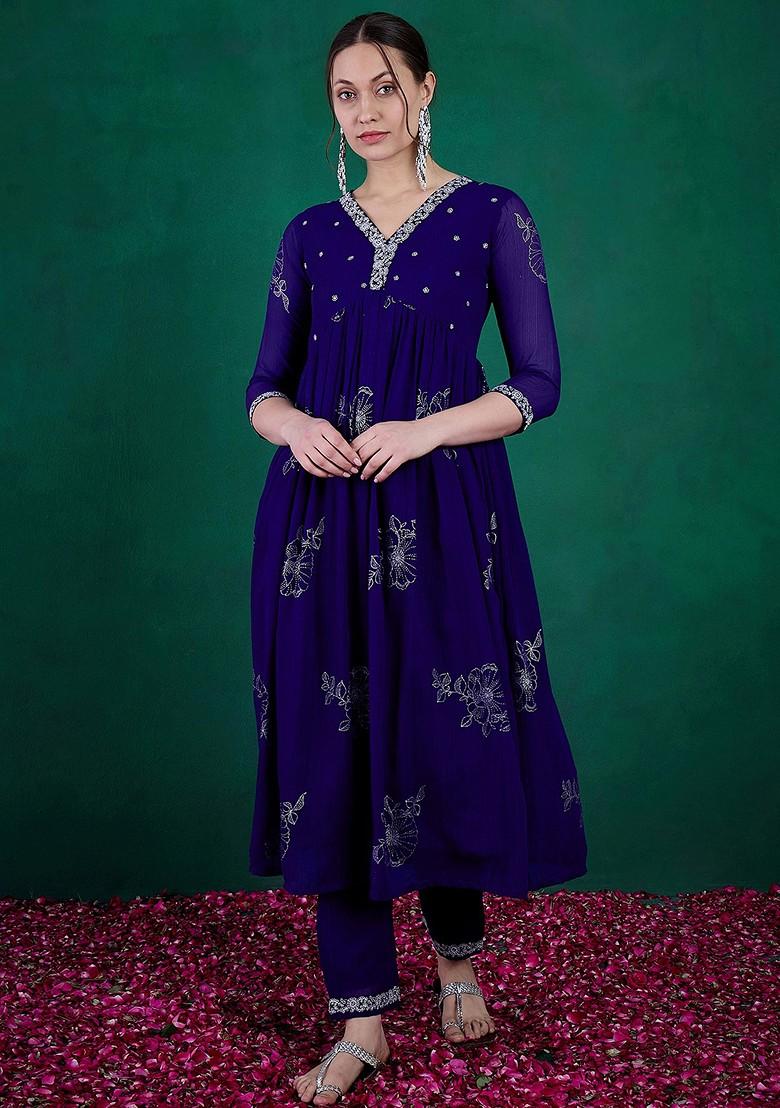 Royal Blue Zari Sequin Embroidered Georgette Kurta Set