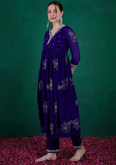 Royal Blue Zari Sequin Embroidered Georgette Kurta Set