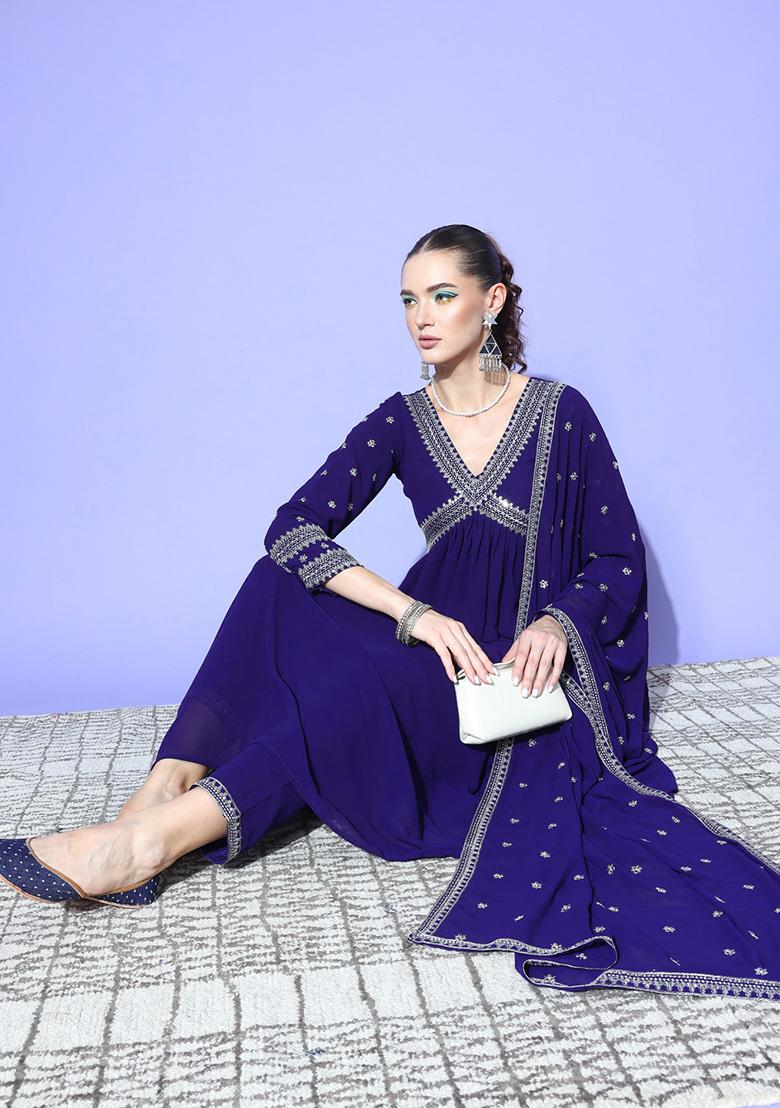 Blue Zari Sequin Embroidered Georgette Kurta Set