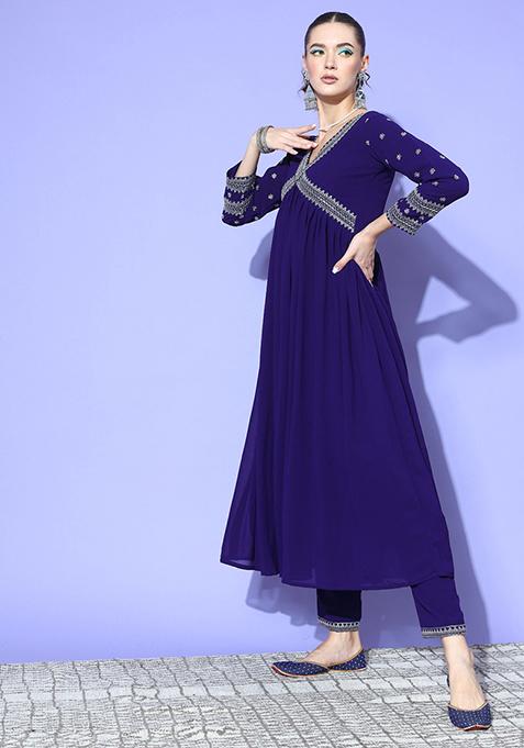 Blue Zari Sequin Embroidered Georgette Kurta Set