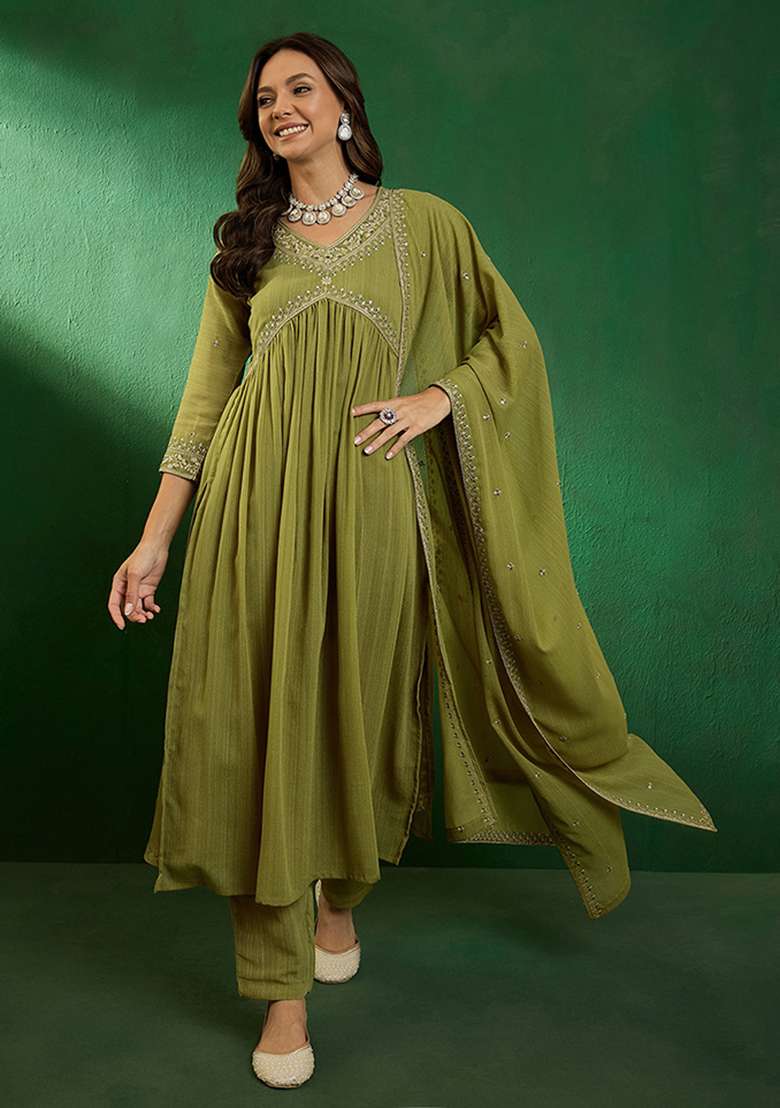 Mehendi Embroidered Georgette Anarkali Set - Indya