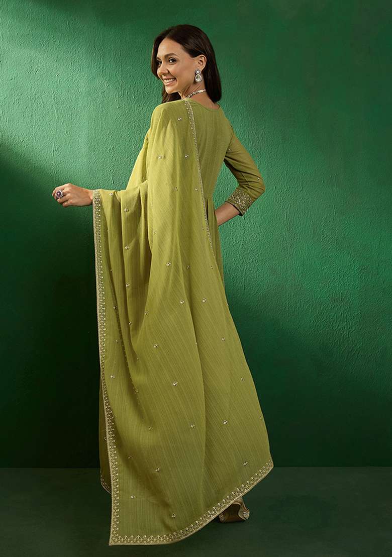 Mehendi Embroidered Georgette Anarkali Set - Indya