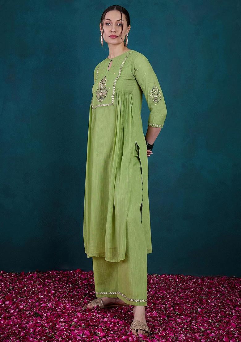 Pista Green Zari Sequin Embroidered Georgette Kurta Set