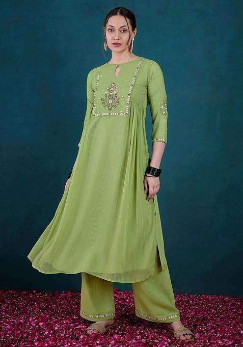 Pista Green Zari Sequin Embroidered Georgette Kurta Set