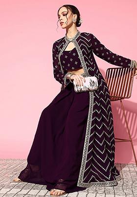 Wine Zari Sequin Embroidered Georgette Kurta Set