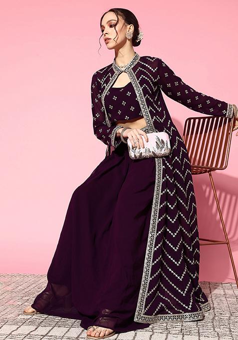 Wine Zari Sequin Embroidered Georgette Kurta Set