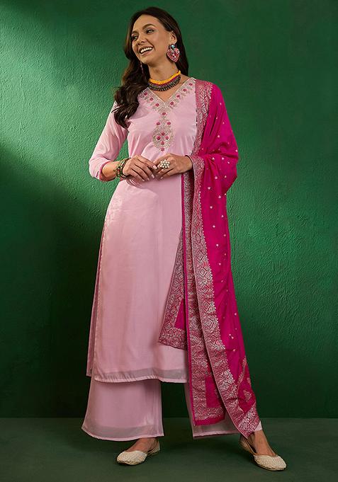 Light Pink Zari Sequin Embroidered Chiffon Kurta Set