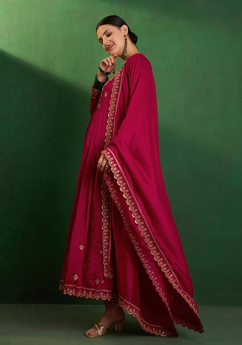 Rani Pink Zari Sequin Embroidered Vichitra Kurta Set