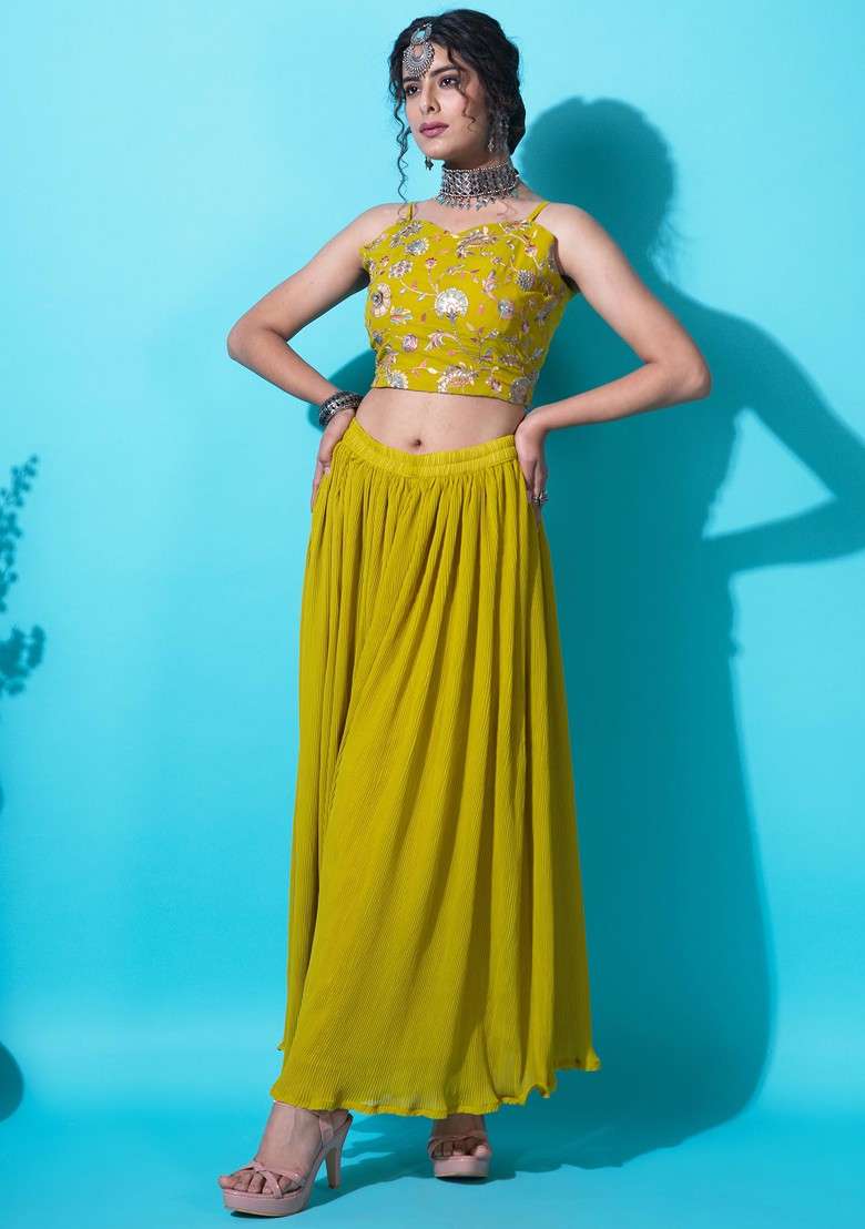 Lemon Green Sequin Embroidered Georgette Kurta Set - Indya