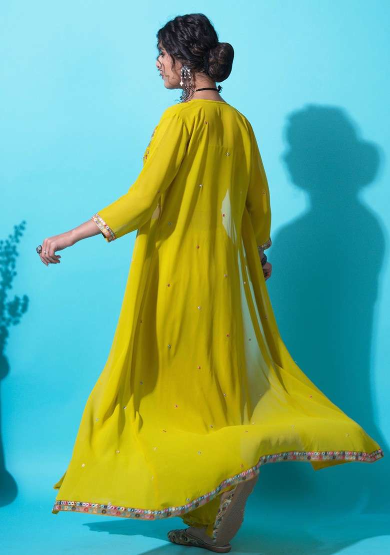 Lemon Green Sequin Embroidered Georgette Kurta Set - Indya