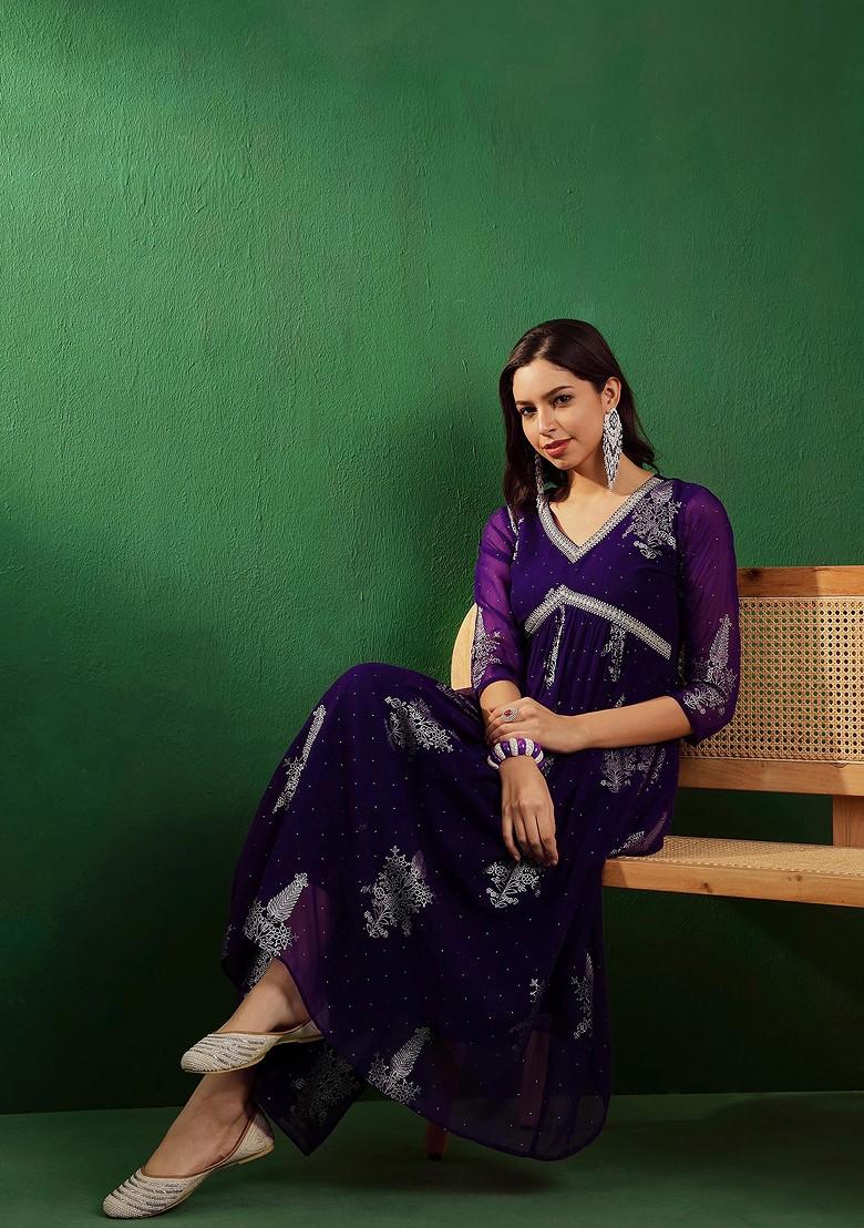 Purple Zari Embroidered Georgette Kurta Set