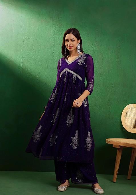 Purple Zari Embroidered Georgette Kurta Set