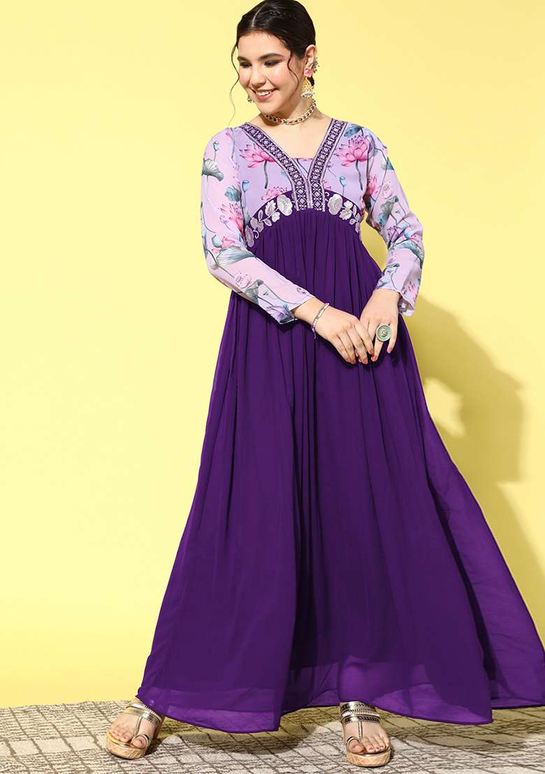 Purple Zari Sequin Embroidered Georgette Gown - Indya