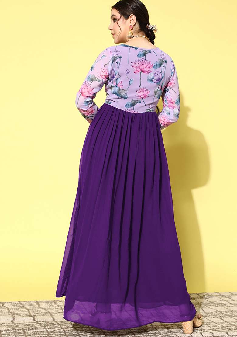 Purple Zari Sequin Embroidered Georgette Gown - Indya
