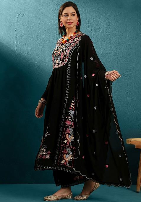 Black Mirror Thread Embroidered Georgette Kurta Set