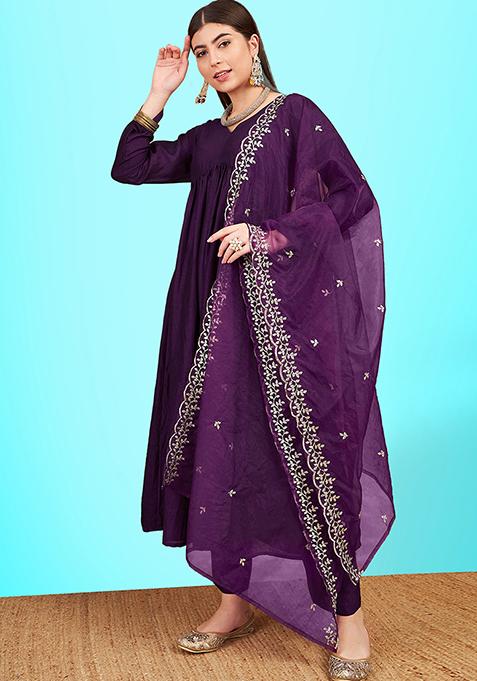 Wine Solid Silk Blend Kurta Set