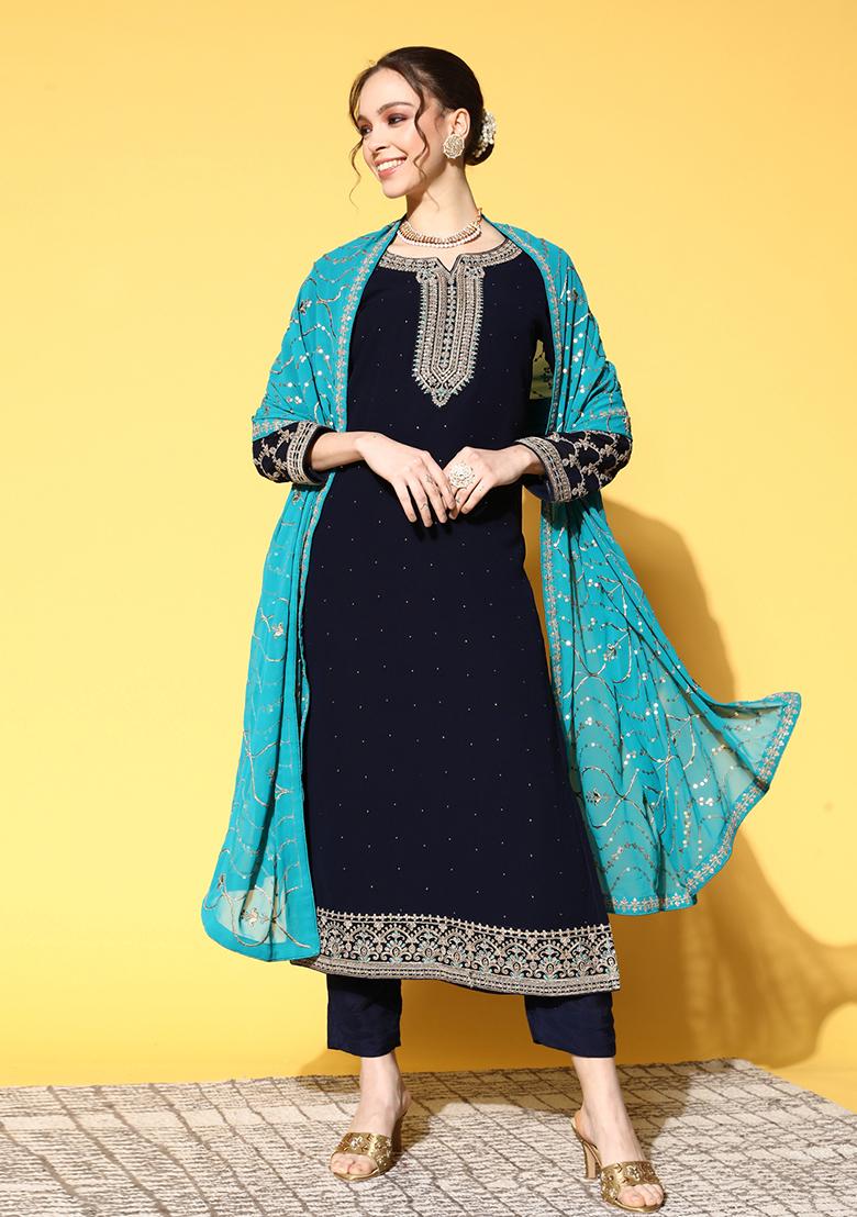 Sheet Blue Color Velvet Sequins Zari Embroidered Kurta Set with Dupatta