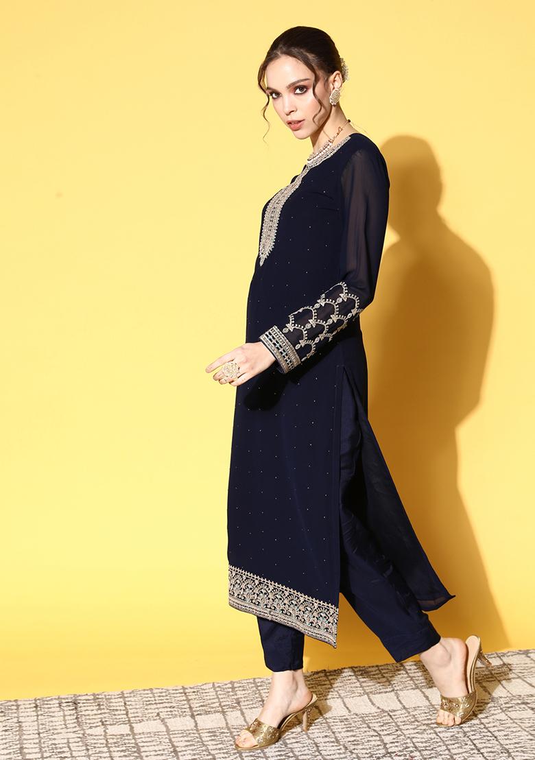 Royal Blue Zari Sequin Embroidered Georgette Kurta Set