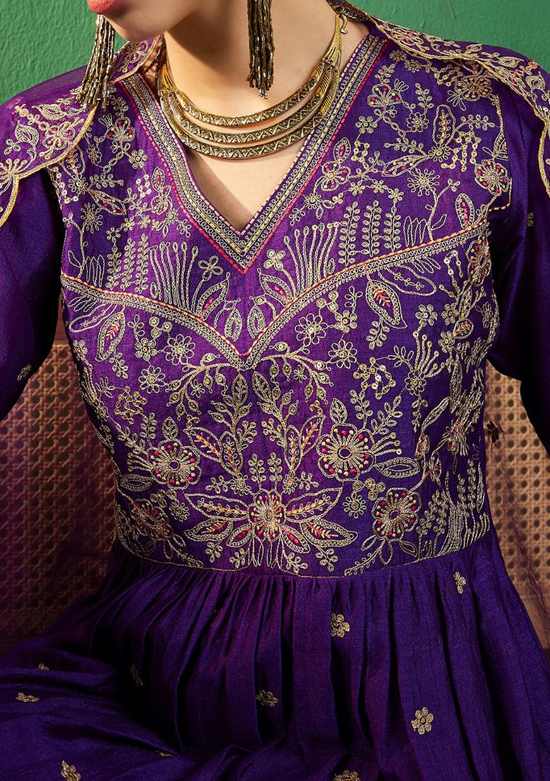 Purple Zari Sequin Embroidered Vichitra Kurta Set
