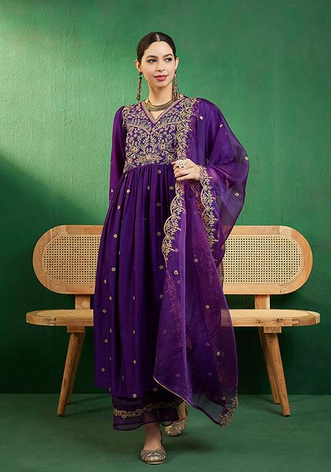 Purple Zari Sequin Embroidered Vichitra Kurta Set