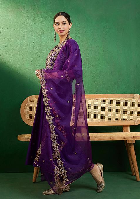 Purple Zari Sequin Embroidered Vichitra Kurta Set