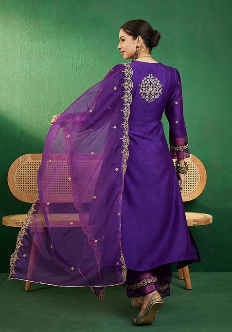 Purple Zari Sequin Embroidered Vichitra Kurta Set