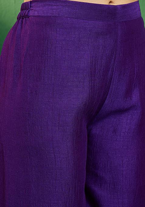 Purple Zari Sequin Embroidered Vichitra Kurta Set