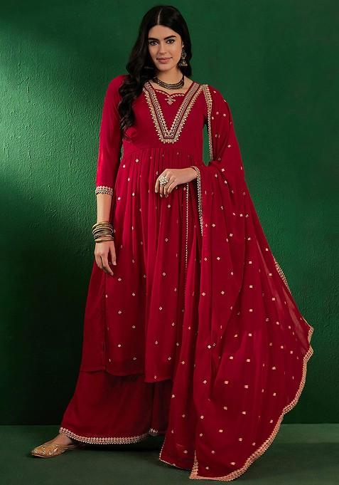 Red Zari Sequin Embroidered Georgette Kurta Set