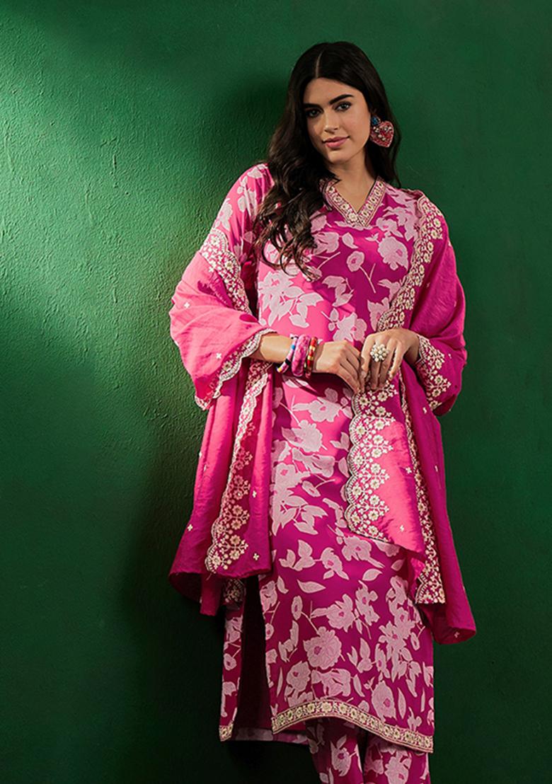 Pink Floral Print Embroidered Georgette Kurta Set