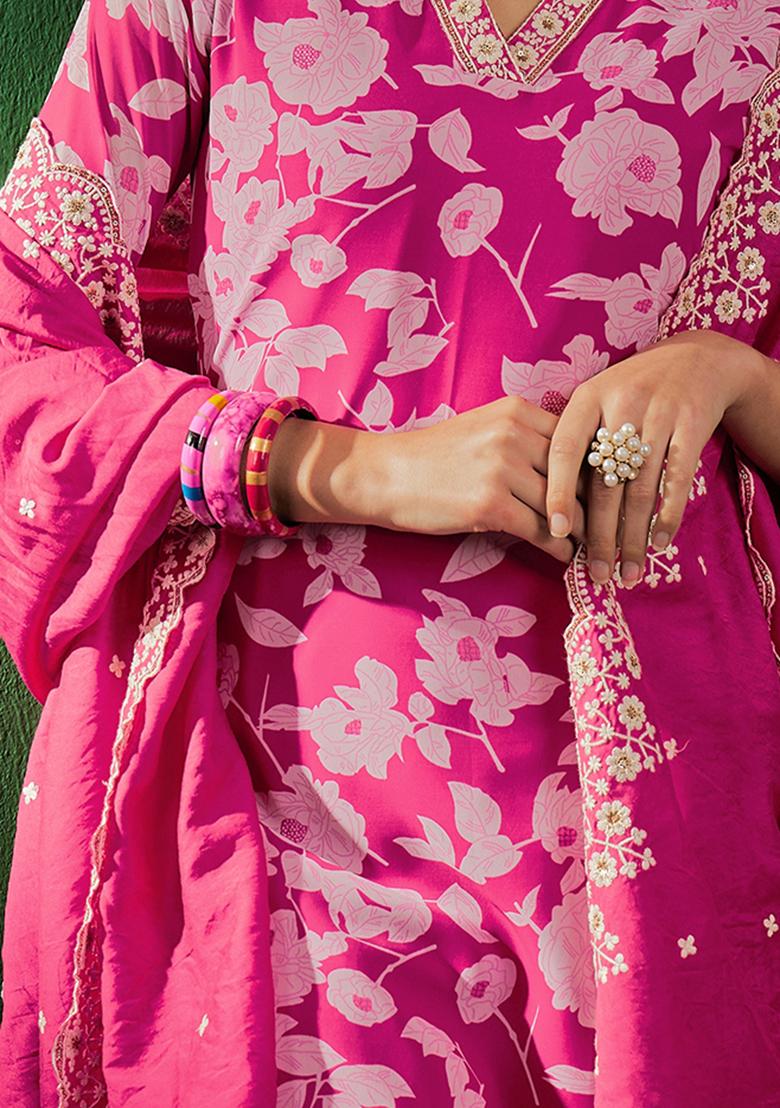 Pink Floral Print Embroidered Georgette Kurta Set