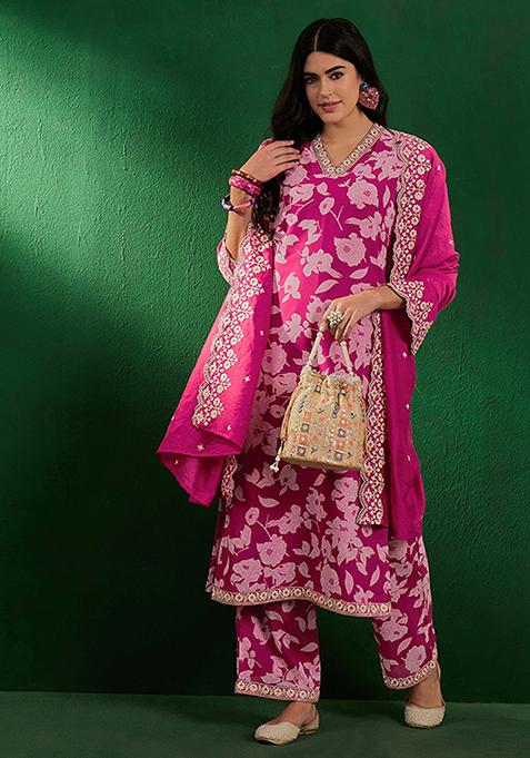 Pink Floral Print Embroidered Georgette Kurta Set