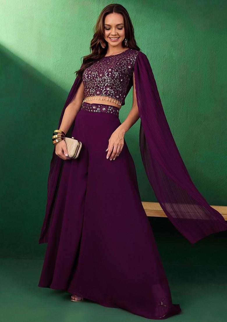 Magenta Sequin Embroidered Georgette Palazzo Set