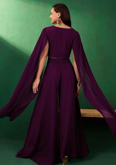 Women Grey Thread Embroidered Georgette Dress & Palazzo Set With Sequins & Lace