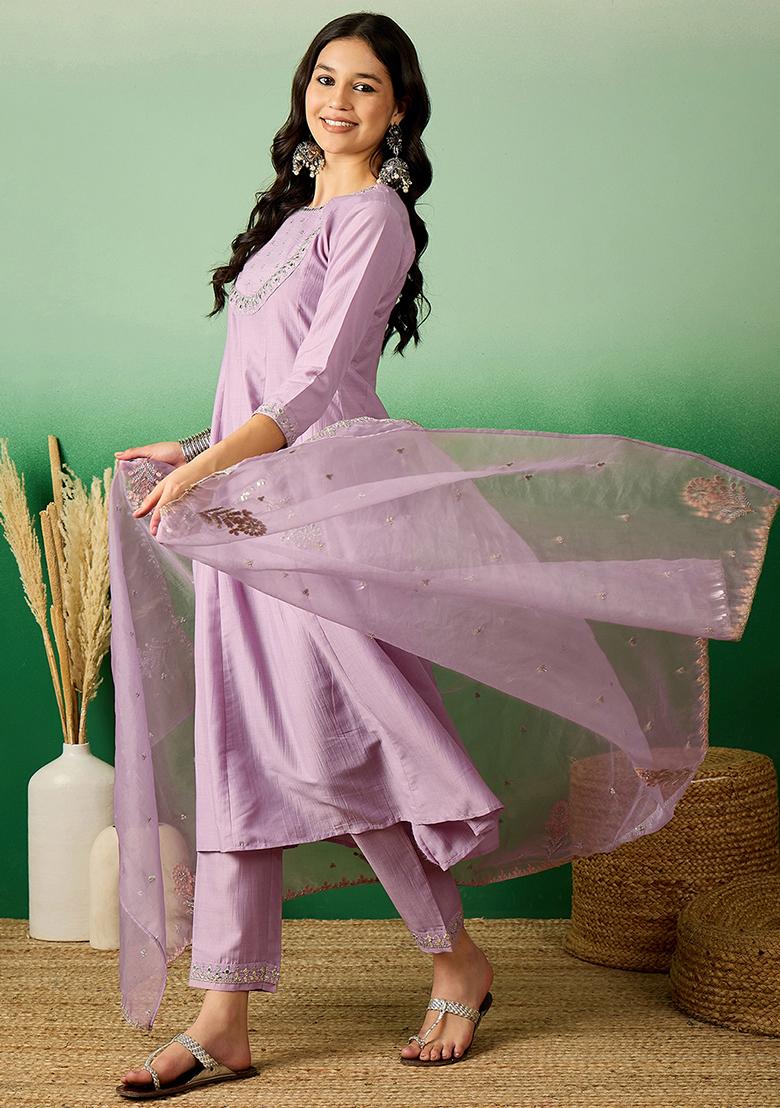 Lavender Zari Sequin Embroidered Organza Kurta Set