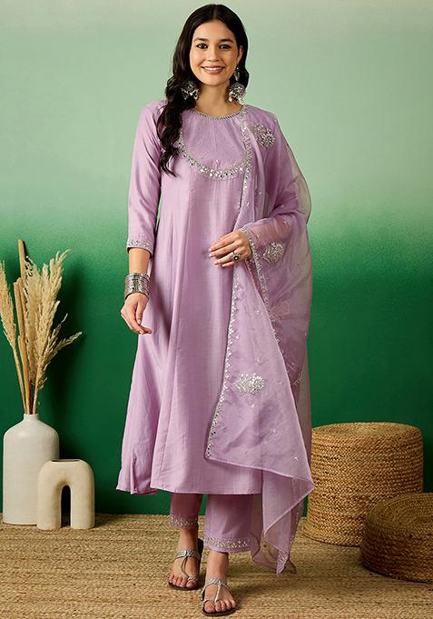 Lavender Zari Sequin Embroidered Organza Kurta Set