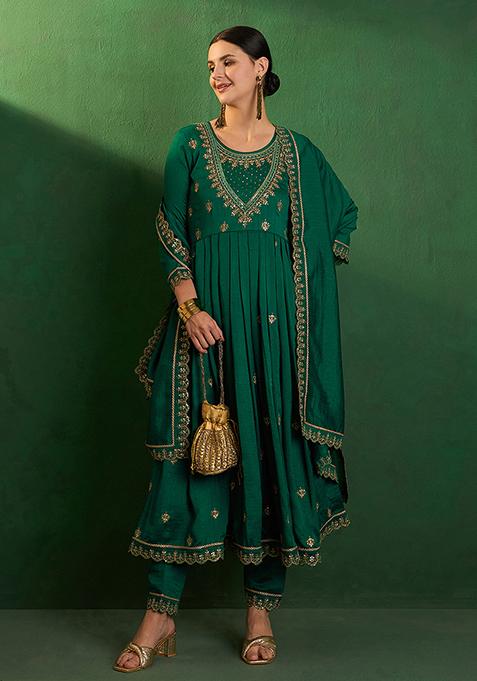 Green Zari Sequin Embroidered Vichitra Kurta Set