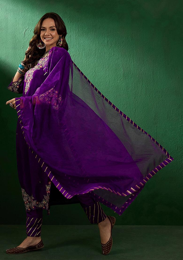 Purple Zari Sequin Embroidered Vichitra Kurta Set