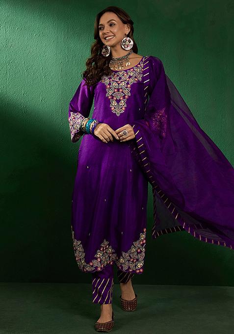 Purple Zari Sequin Embroidered Vichitra Kurta Set