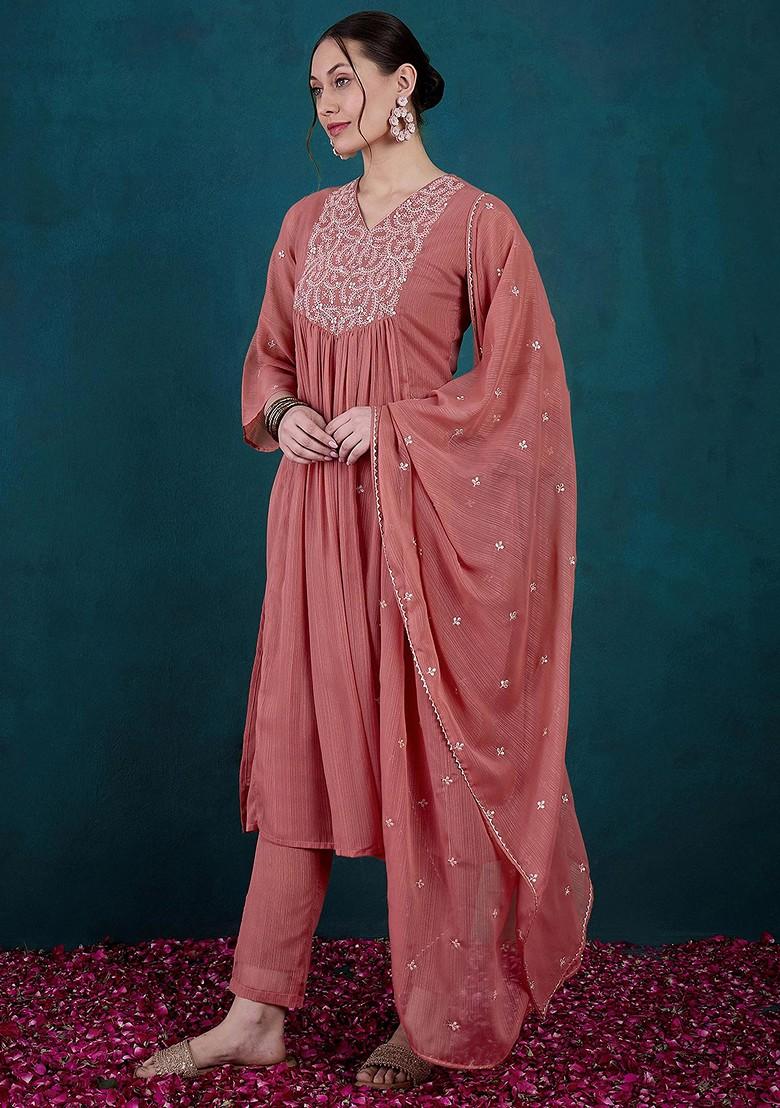 Dark Peach Zari Thread Embroidered Georgette Kurta Set