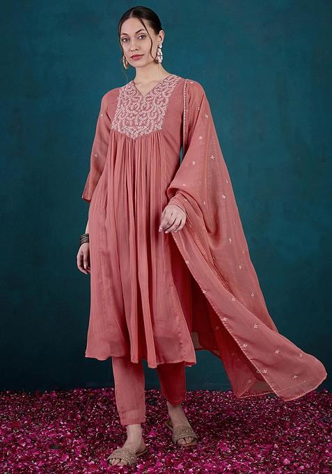 Dark Peach Zari Thread Embroidered Georgette Kurta Set