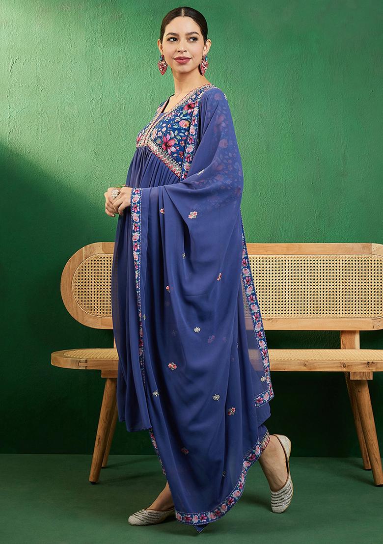 Blue Zari Sequin Embroidered Georgette Kurta Set