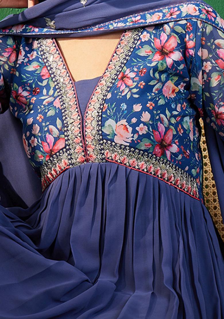 Blue Zari Sequin Embroidered Georgette Kurta Set