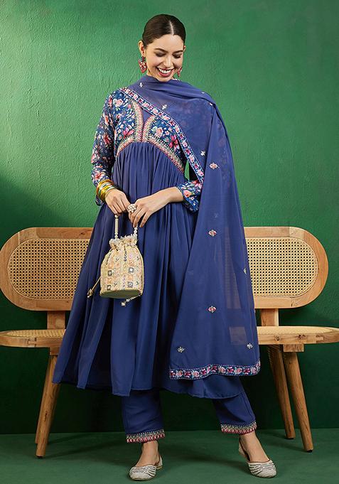 Blue Zari Sequin Embroidered Georgette Kurta Set