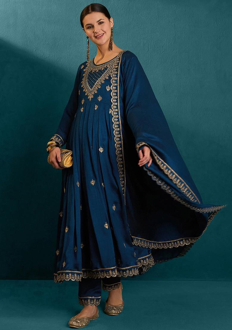 Teal Zari Sequin Embroidered Vichitra Kurta Set