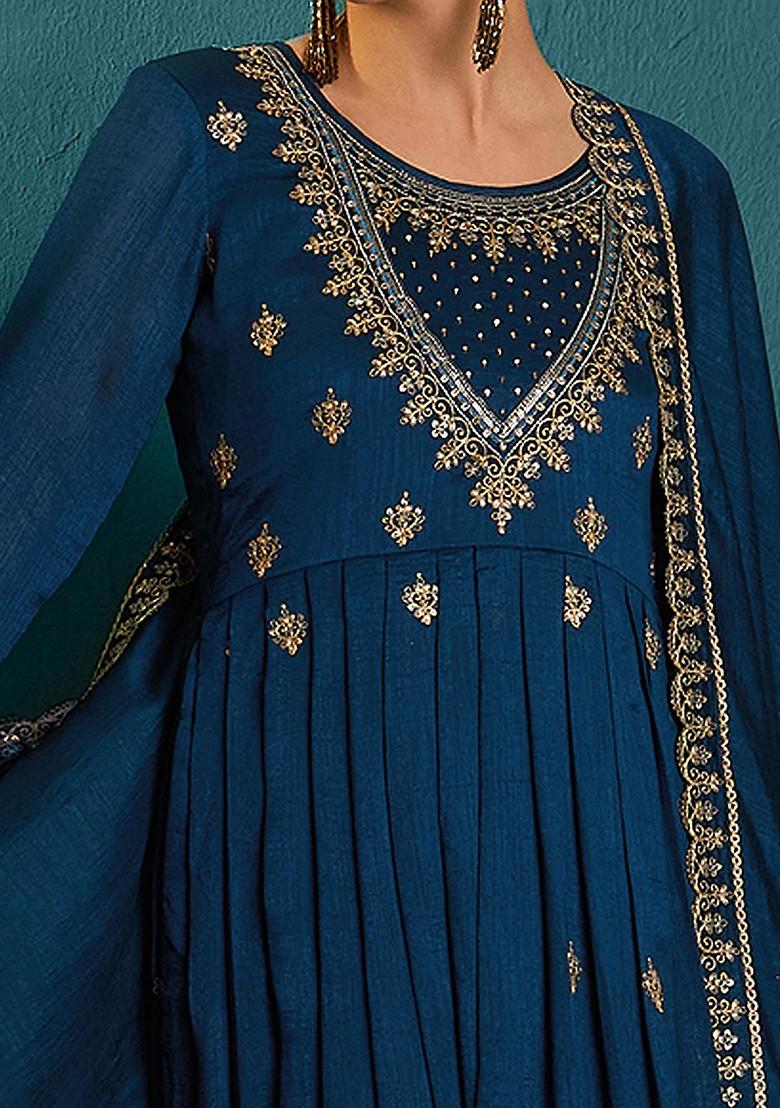 Teal Zari Sequin Embroidered Vichitra Kurta Set